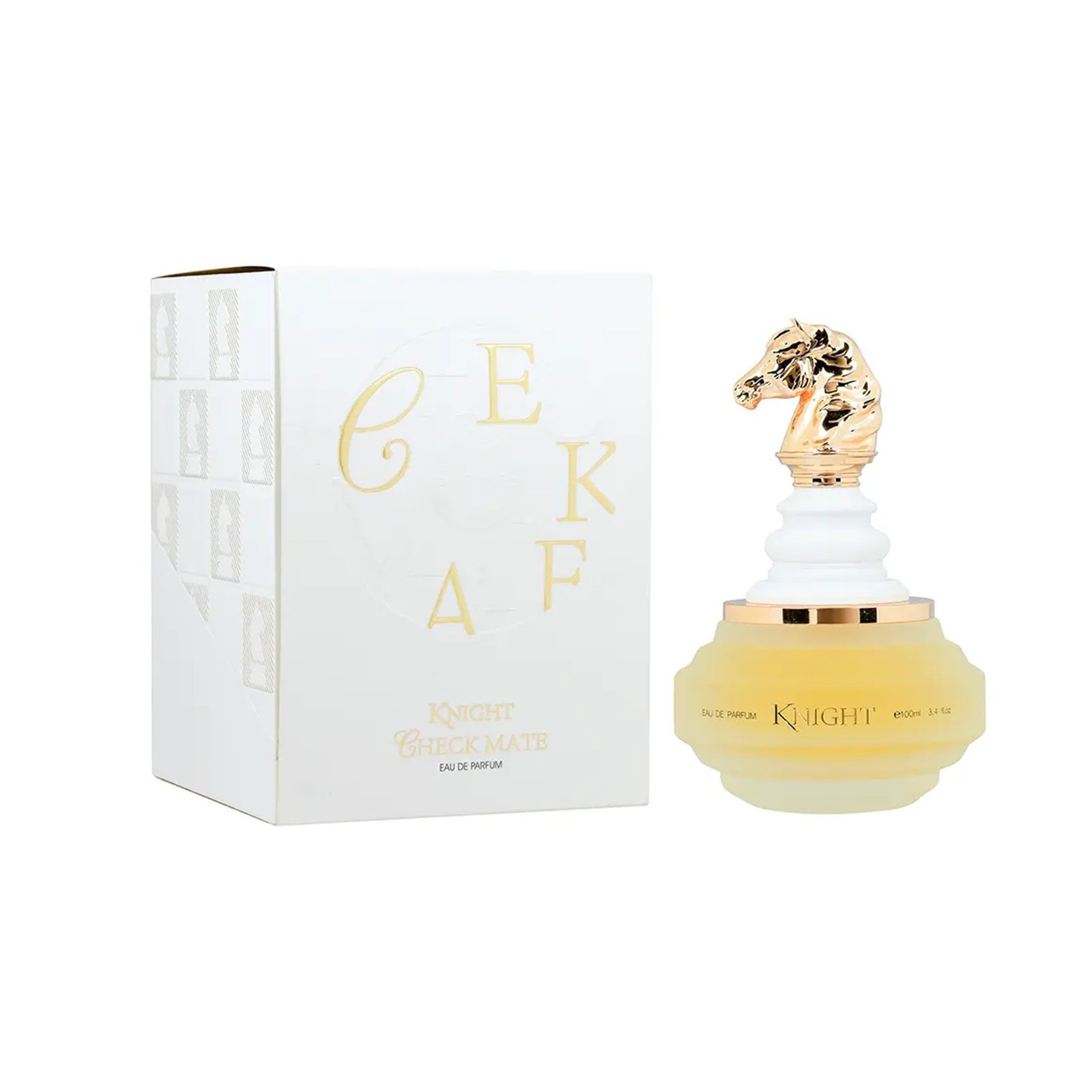 1.jpg Armaf Checkmate White Knight bottle with gold knight cap beside its white box