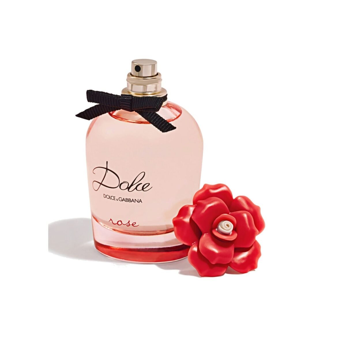 Dolce and Gabbana Dolce Rose Eau de Toilette bottle with red rose cap removed, angled view