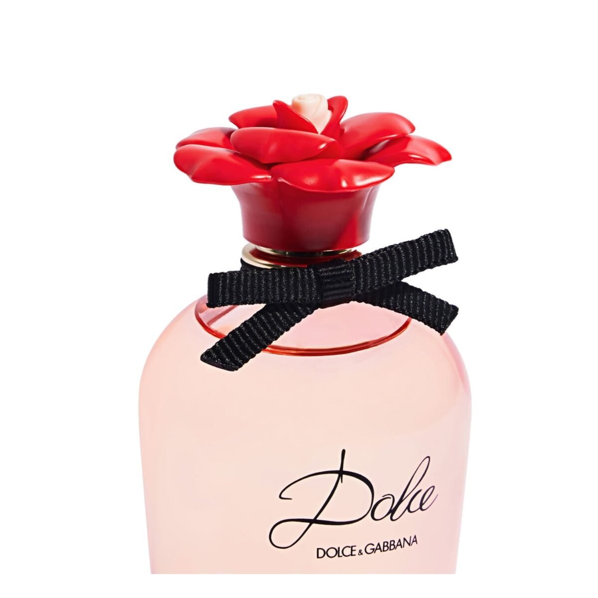 Close-up of Dolce and Gabbana Dolce Rose bottle with black bow and red rose cap